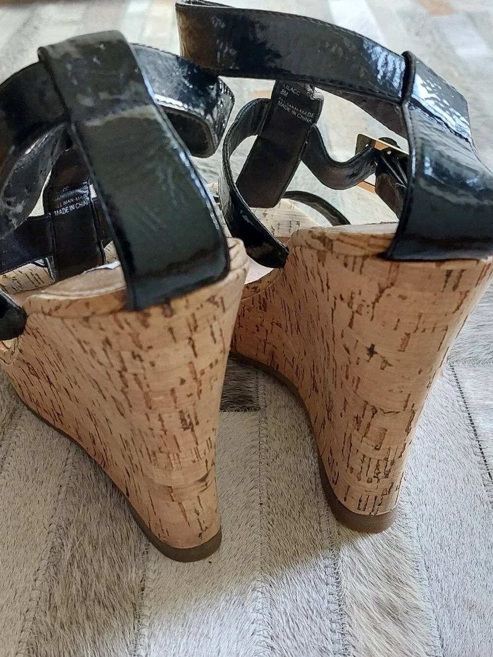 Steve Madden Black Patent Leather Cork Wedge Sandals Size 7.5